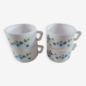 set of 4 vintage arcopal cups with small mysotis blue flowers