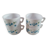 set of 4 vintage arcopal cups with small mysotis blue flowers
