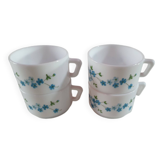 set of 4 vintage arcopal cups with small mysotis blue flowers