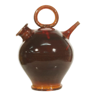 Vintage gargoulette jug in orange enamel ceramic France XXth