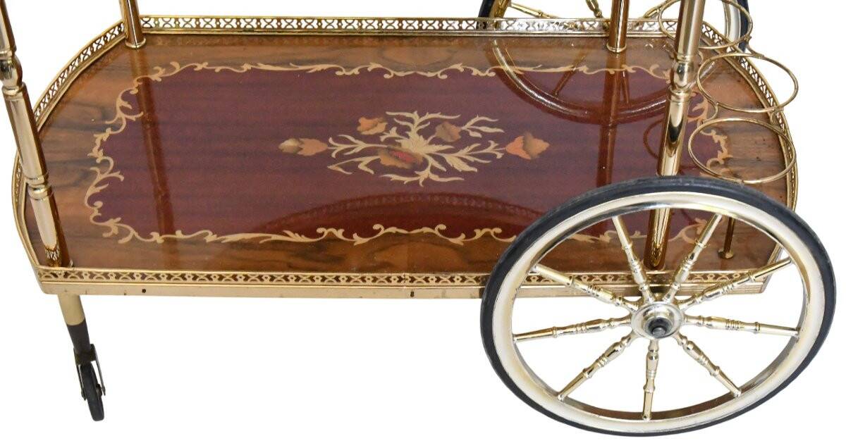 Serving table and rolling bar with drop leaves featuring floral marquetry decoration.