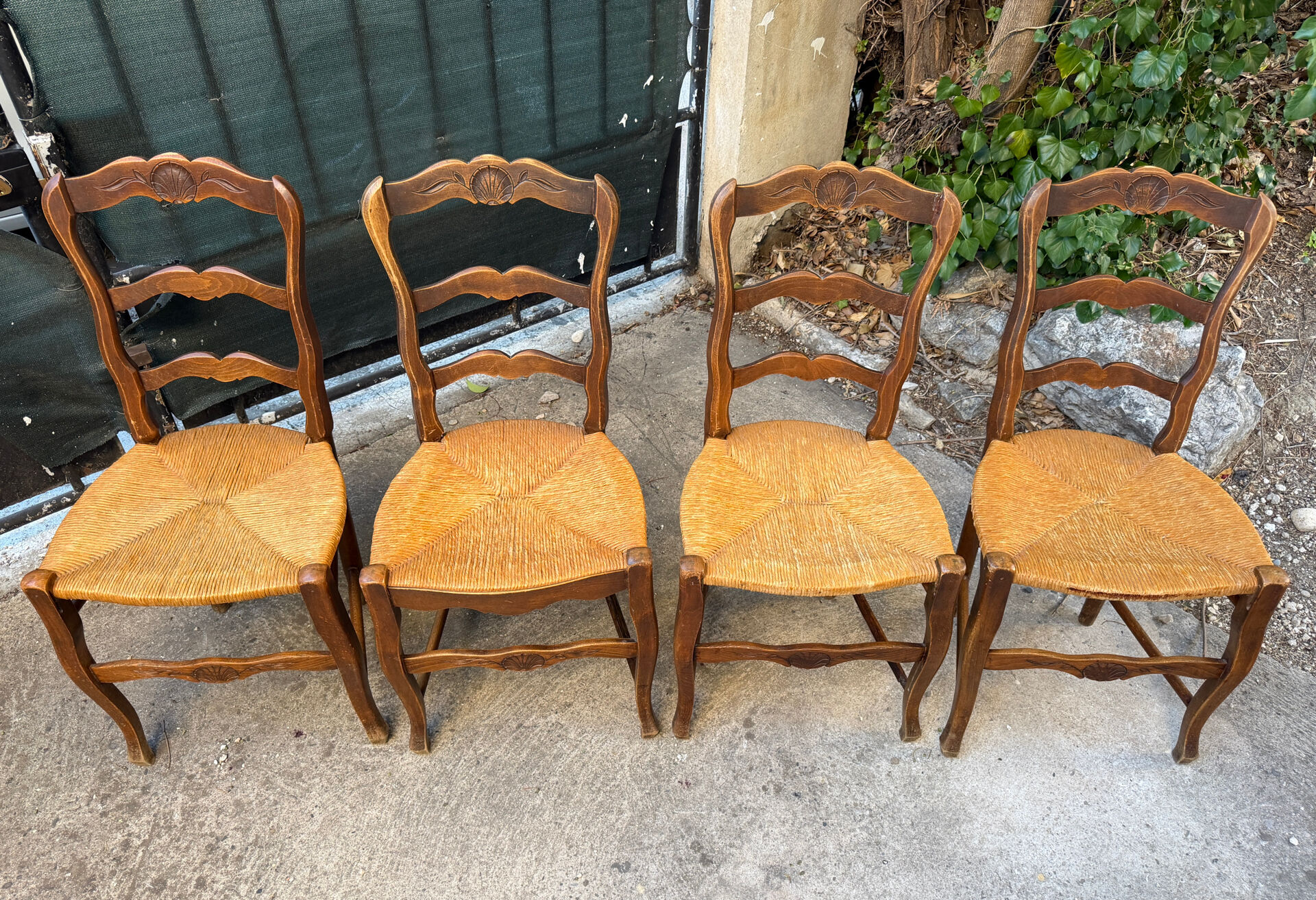 Set of 4 Provençal oak chairs with rush seats.