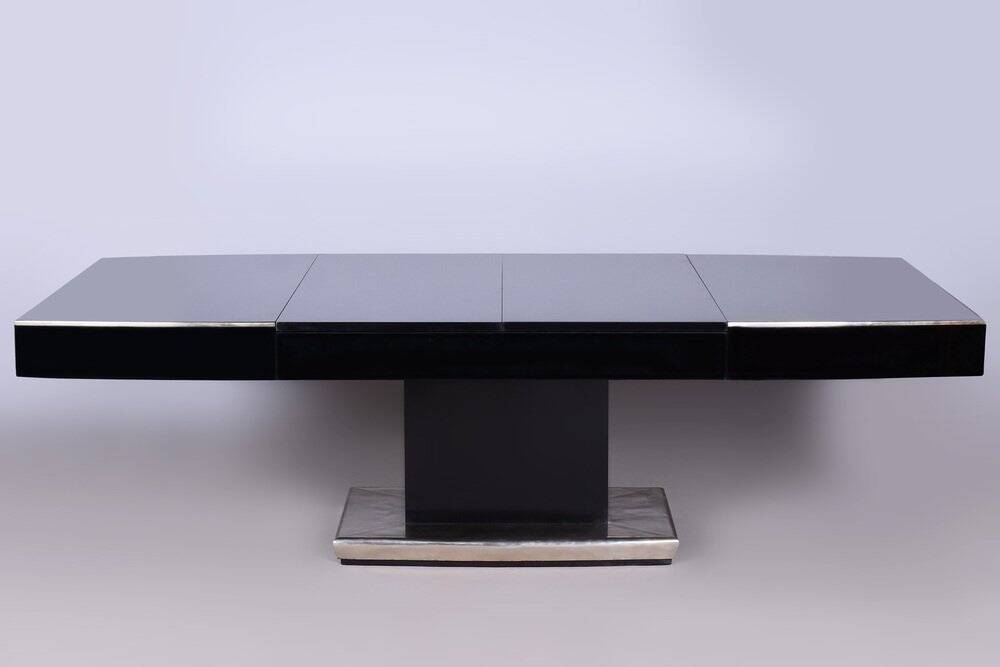 Large Art Deco Chrome and Black Glass Extendable Dining Table, 1930s