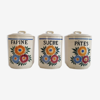 Lot of 3 format spice pots with floral pattern in ceramic Terre de Fer