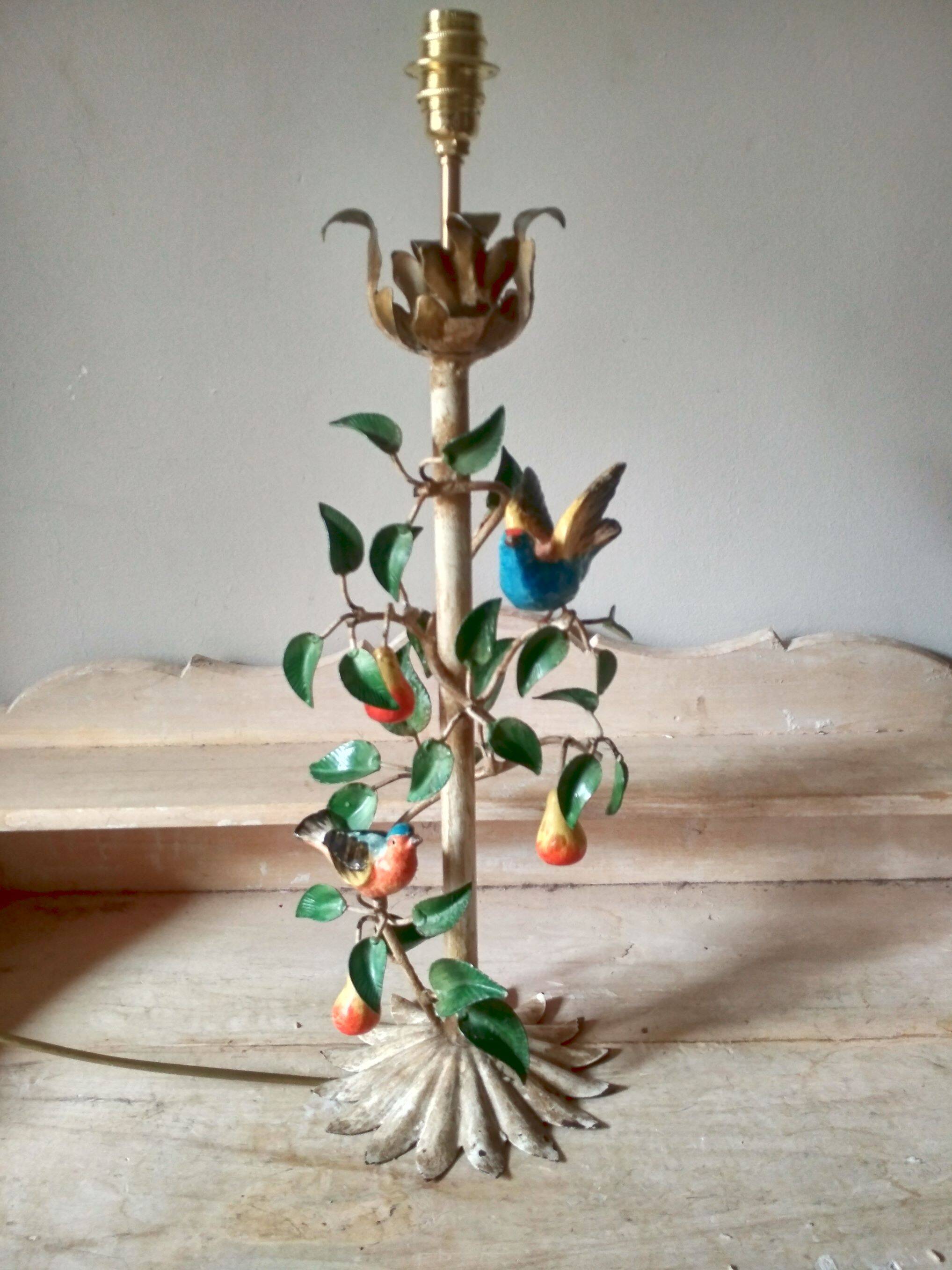 Painted metal candle holder lamp - wrought iron fruit and bird lamp base