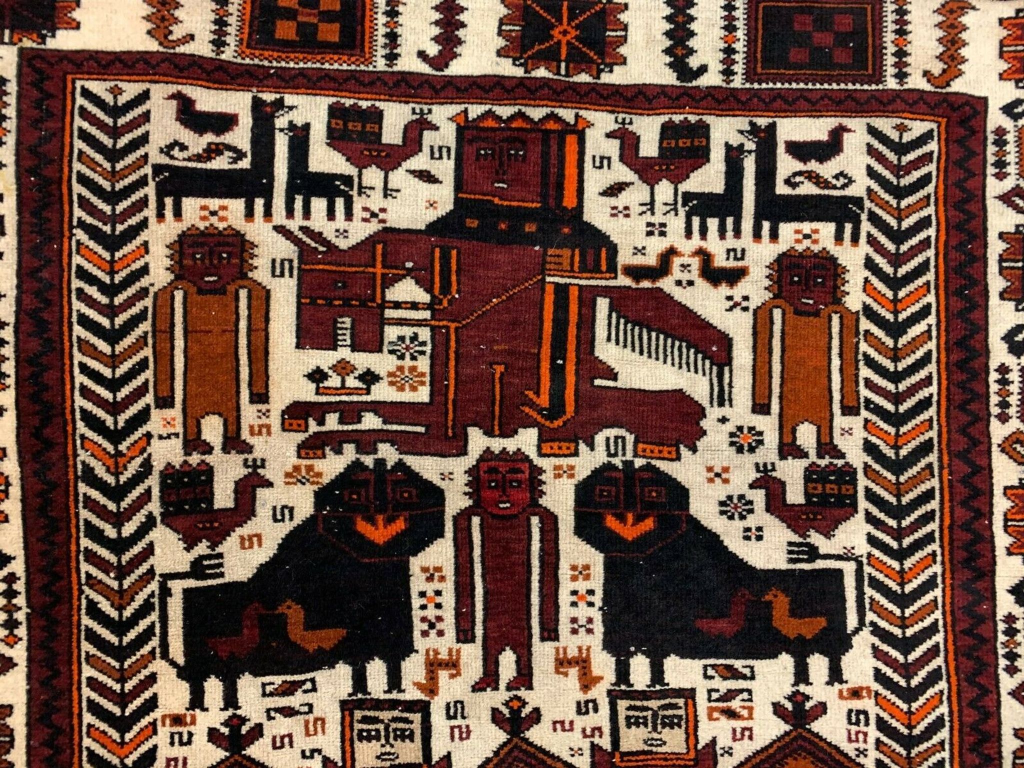 Vintage Tribal Lion Rug 204x110 cm, Old Tribal Wool Carpet, Black, Red Cream