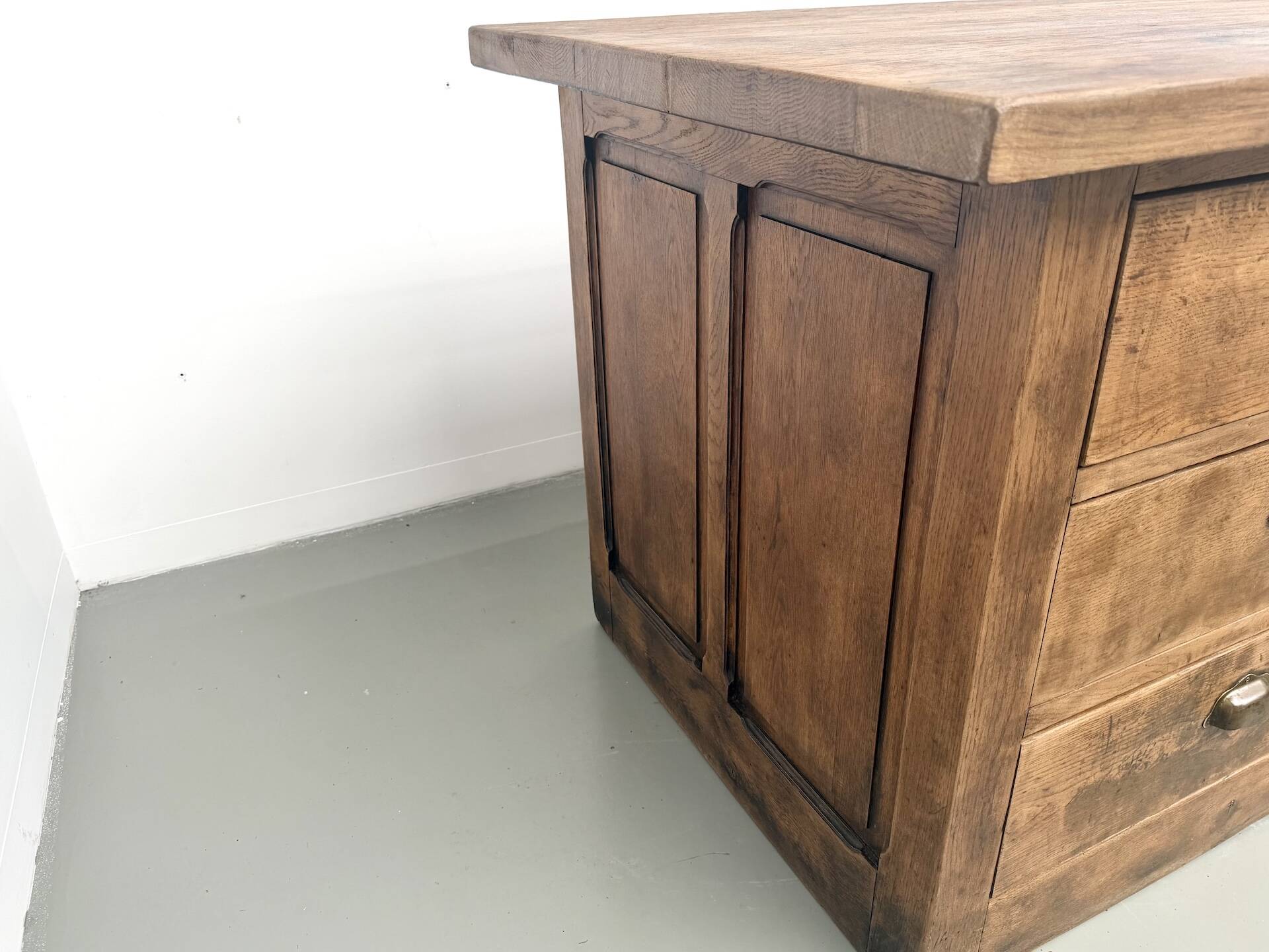 Solid oak trade counter, six drawers, France, circa 1920.