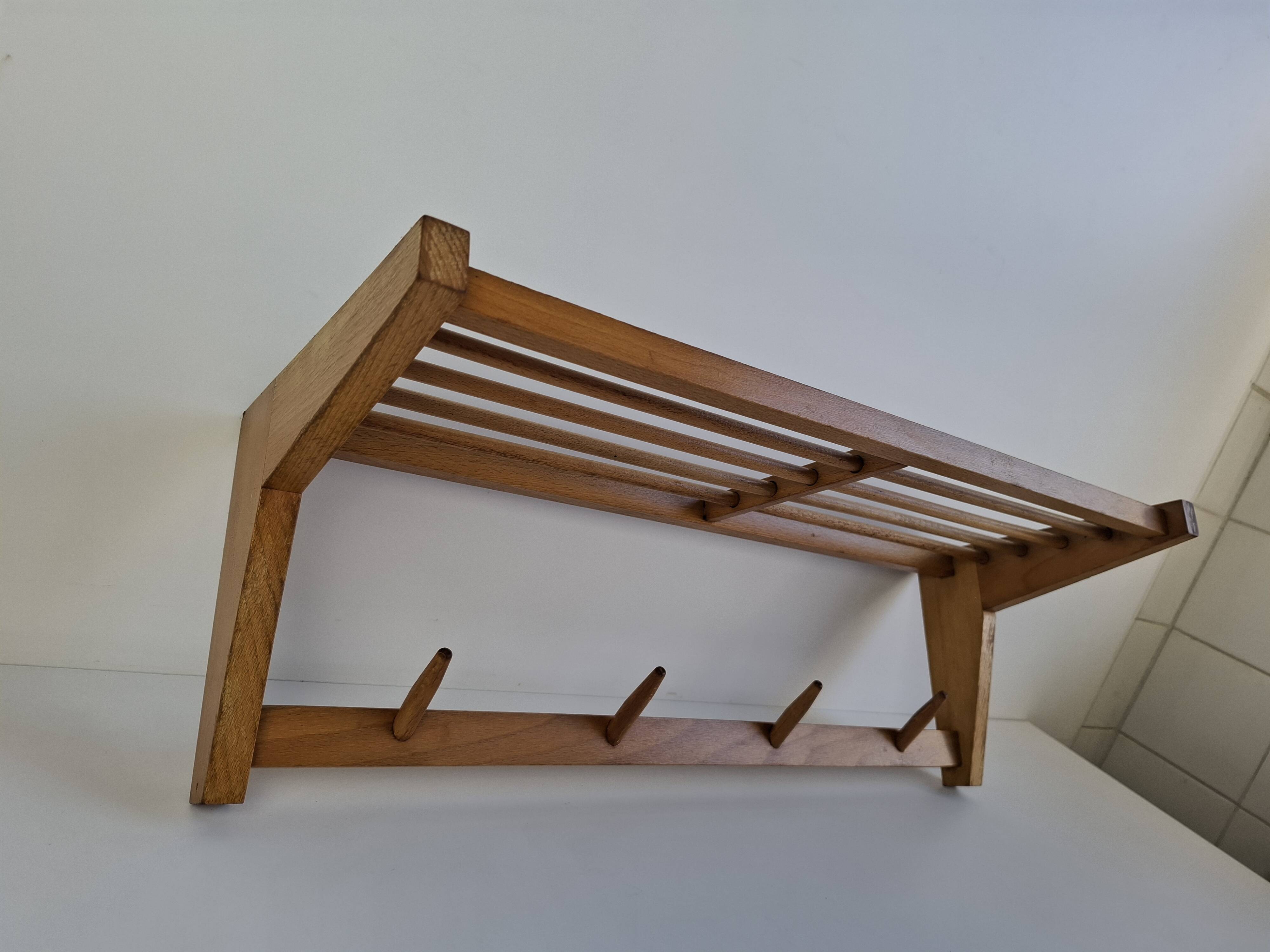 Mid-century Czechoslovak wooden wall coat rack with shelf, Uluv, 1970s