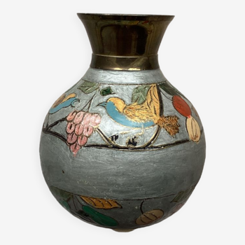 Old enameled brass ball vase