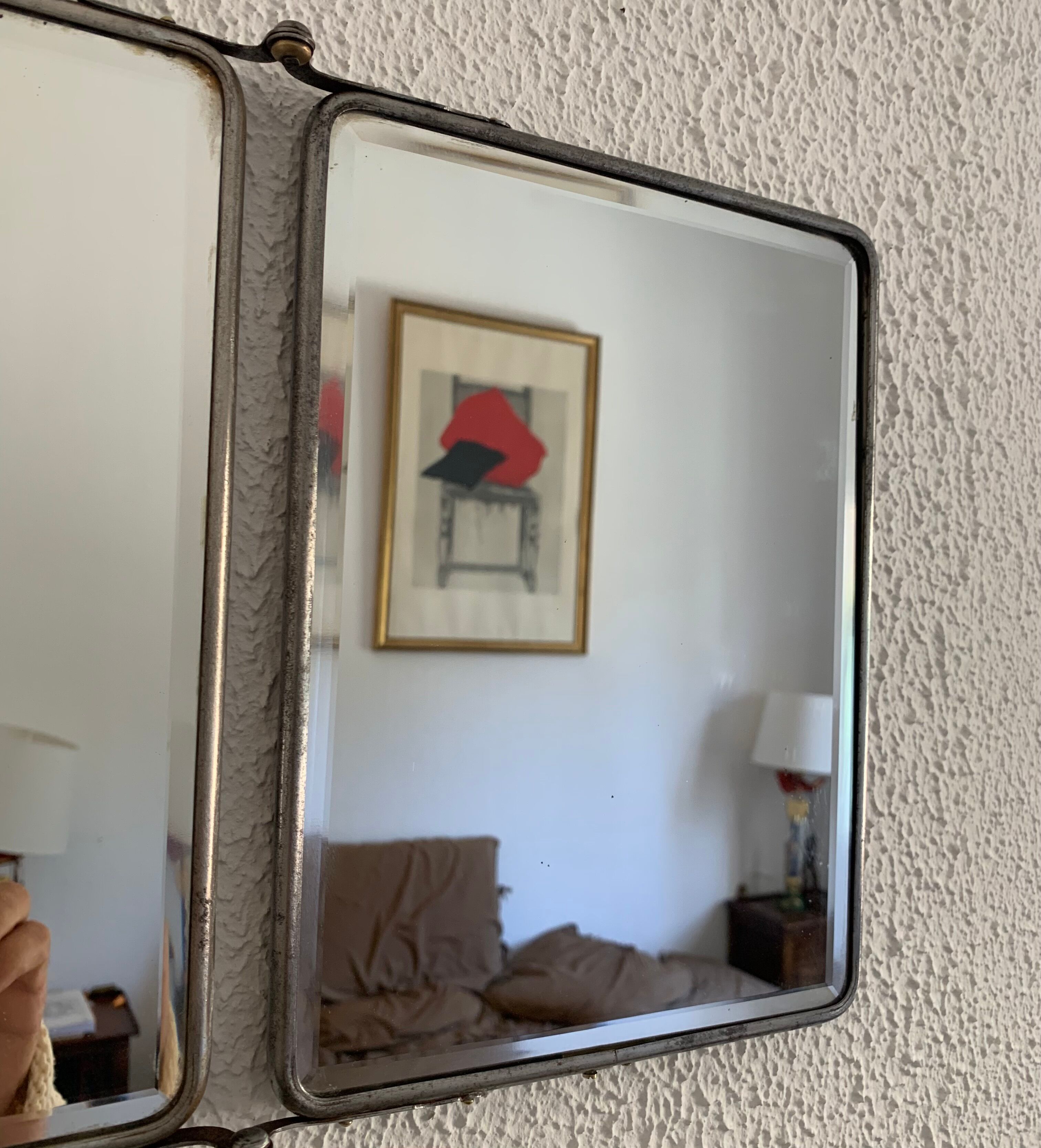 Vintage mirror 1950 triptych beveled purple barber - 25 x 58 cm