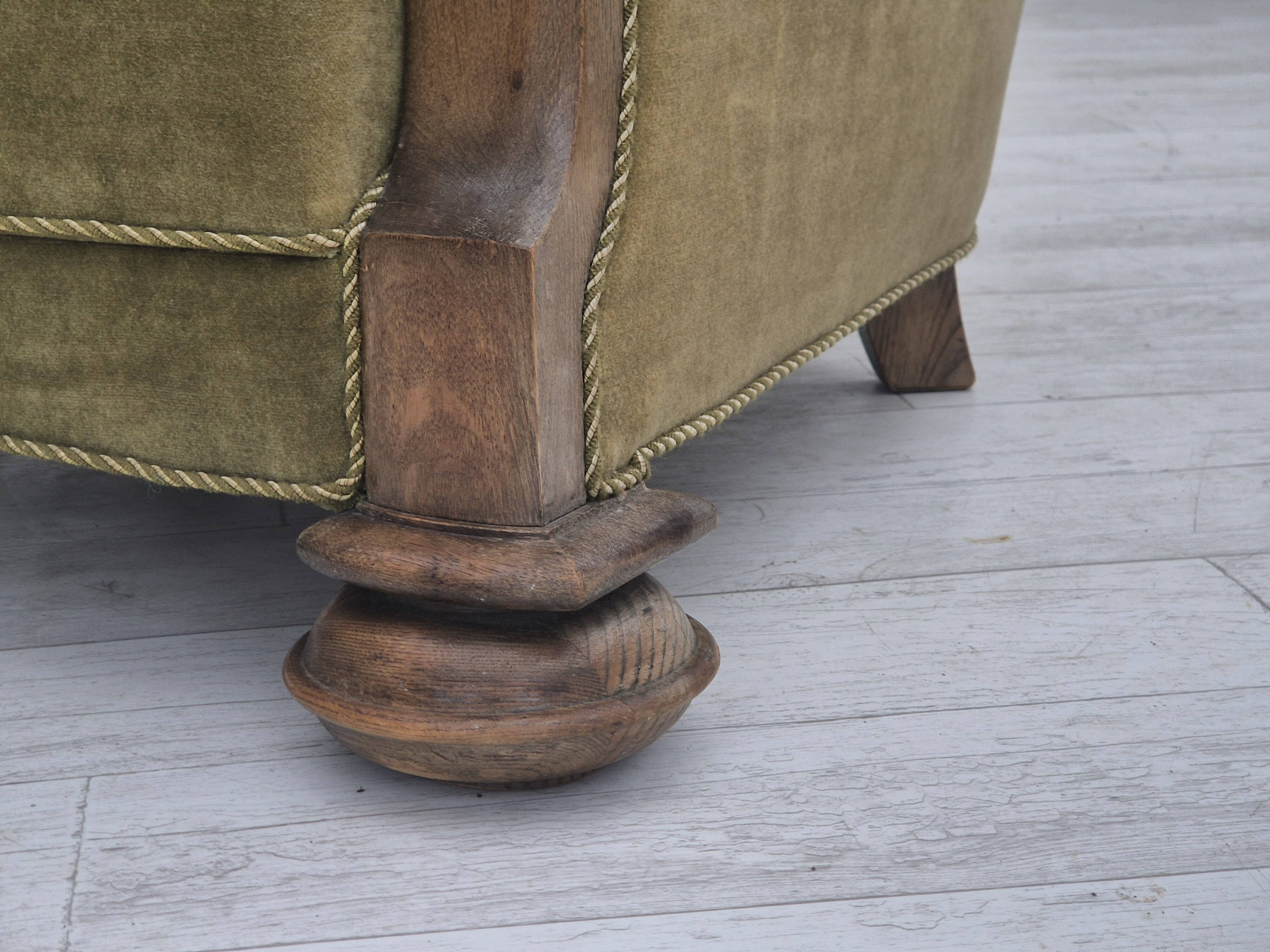 1960s, Danish relax armchair, green furniture velour fabric, oak wood.