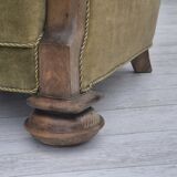 1960s, Danish relax armchair, green furniture velour fabric, oak wood.