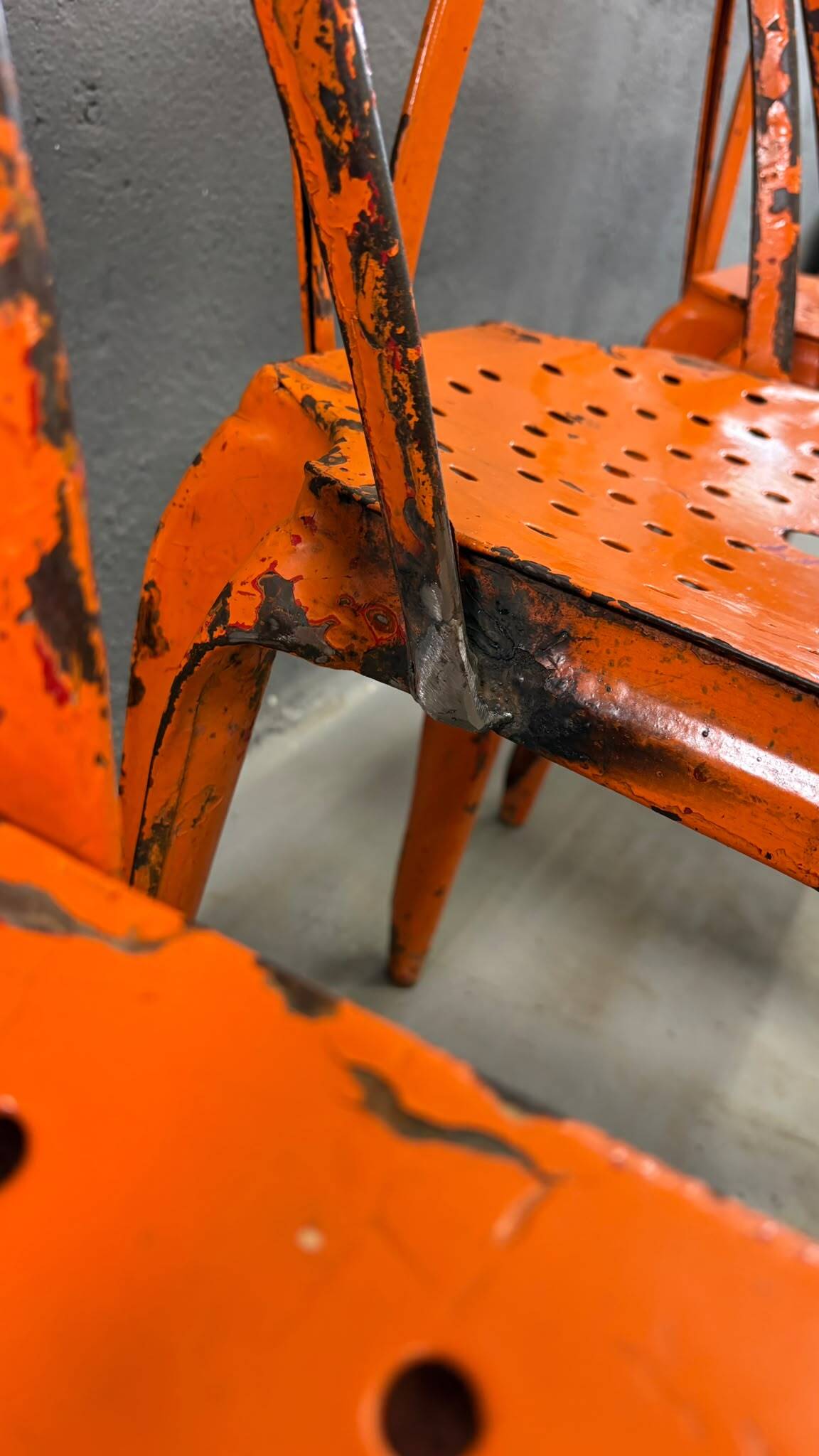 Set of four industrial metal dining chairs by Joseph Mathieu, painted steel, 1920s, France