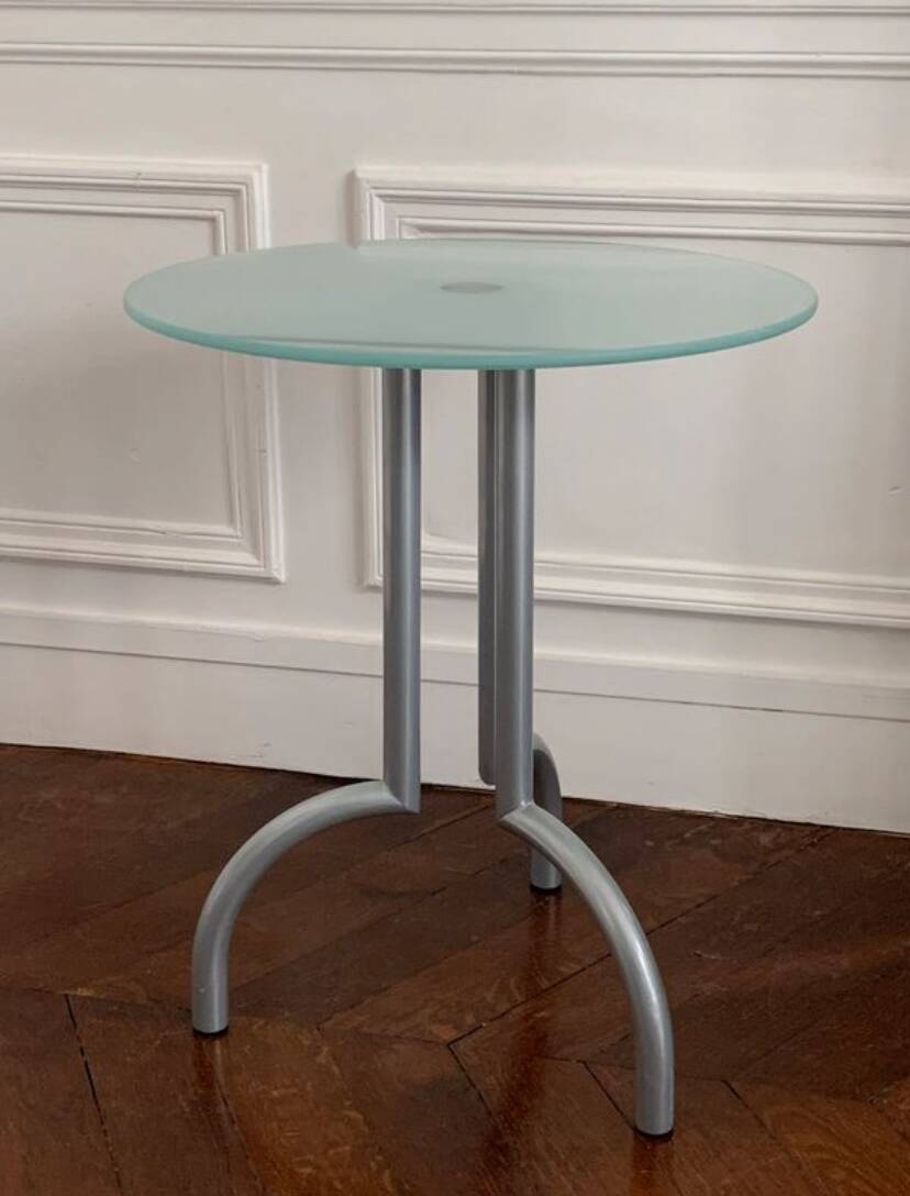 Metal and glass tripod pedestal table
