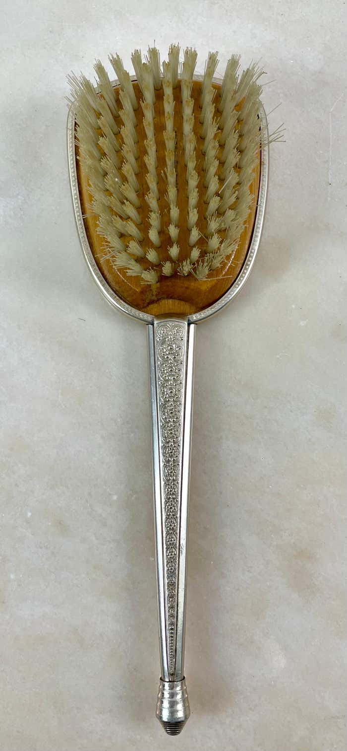 Toiletry set - metal and silk brush and hand mirror England from the 50s