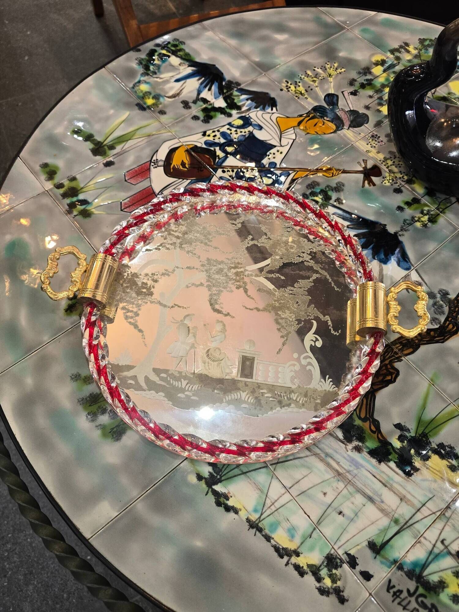 Engraved mirror plateau with twisted red and white glass border, Murano / Venice (c. 1940–1950)