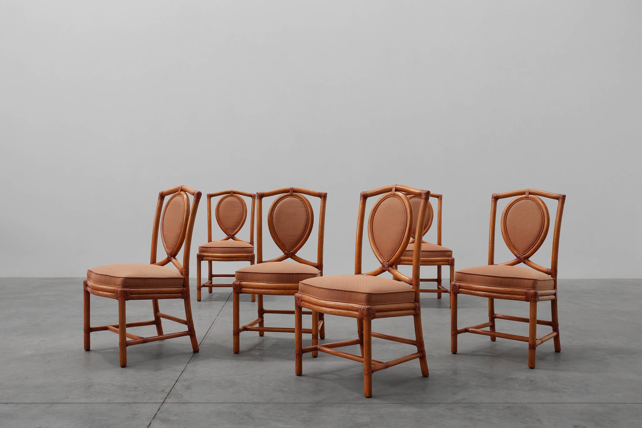 Set of 6 bamboo dining room chairs with geometric upholstery by Gasparucci