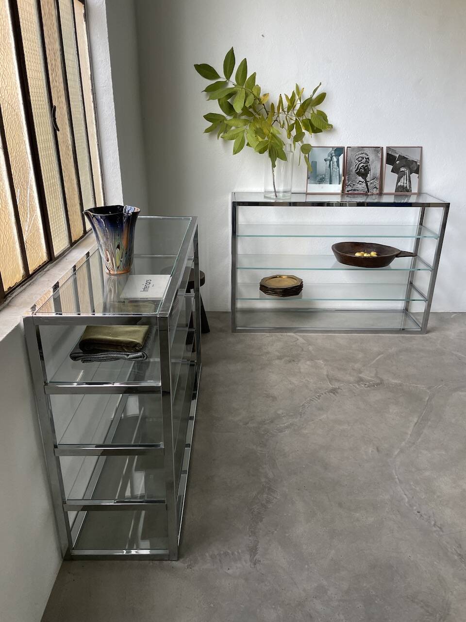 Pair of chrome and glass shelves from the 70s