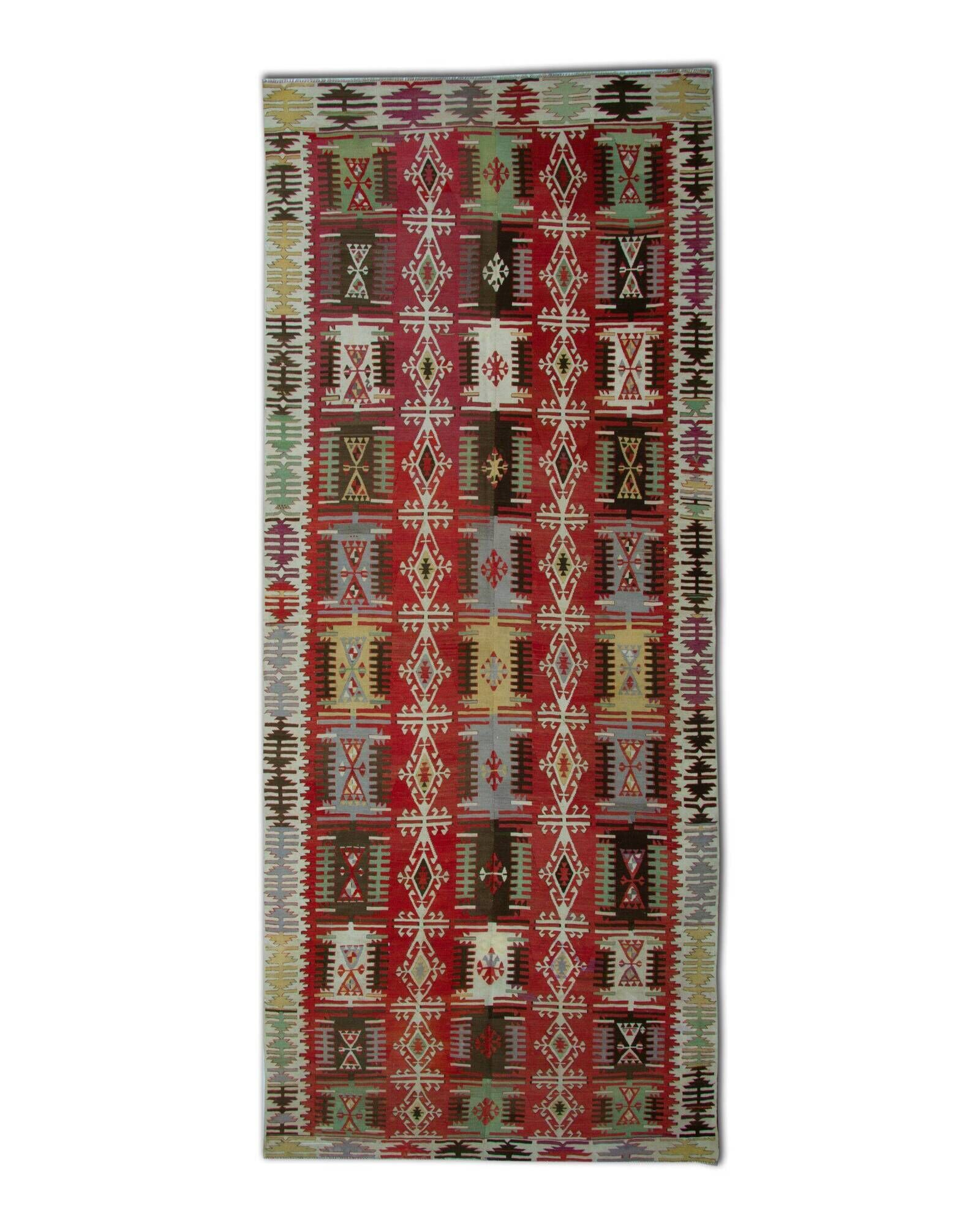 Turkish Kilim Runner 1890s, Handmade Wool Tribal Geometric Rug 390x163cm