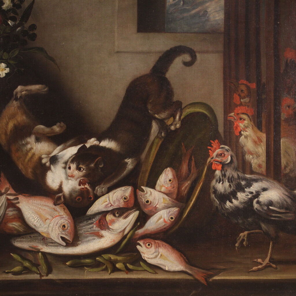 Great 18th century still life with animals, flowers and fruit