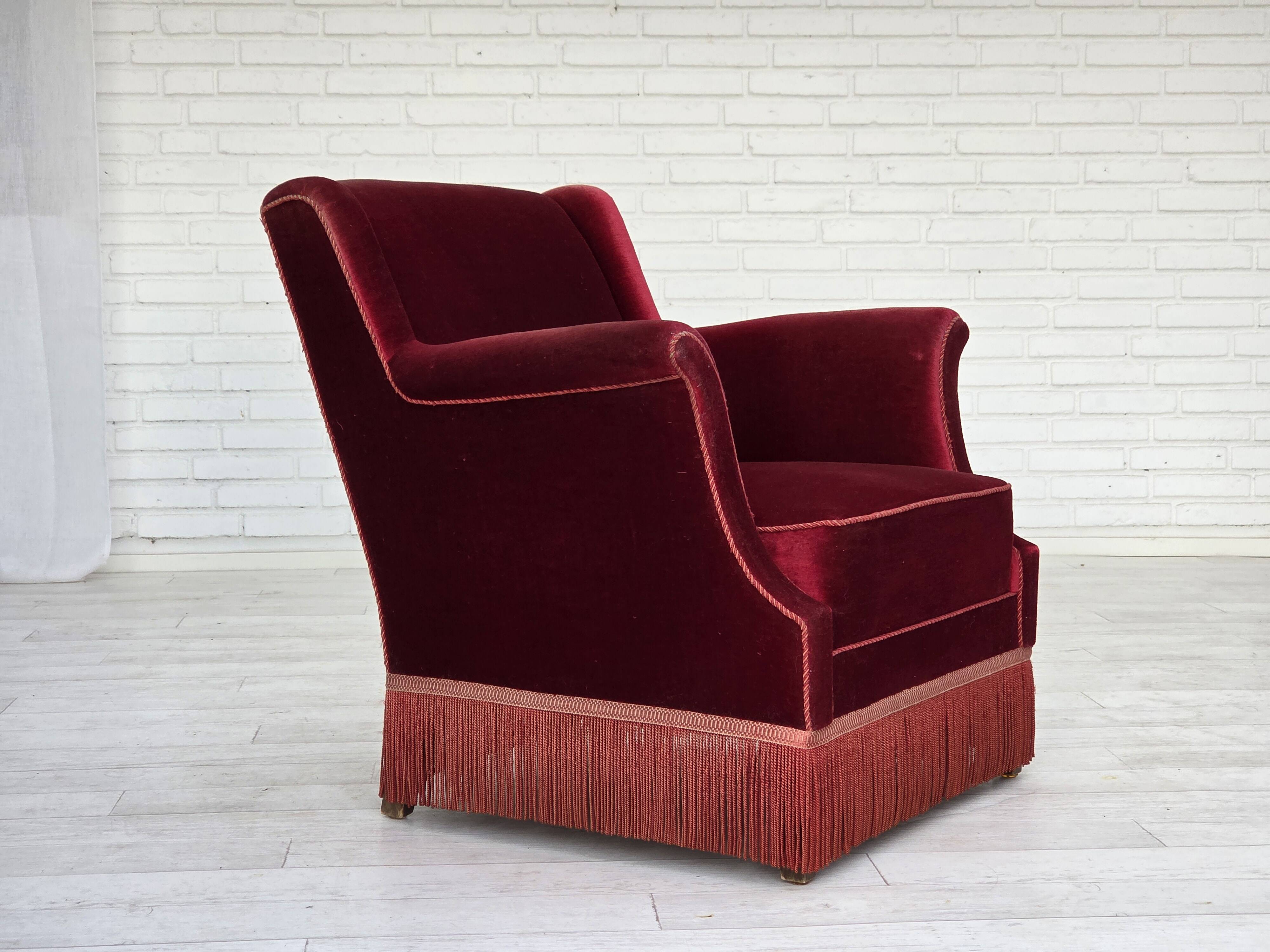 1960s, Danish armchair, cherry-red furniture velour, ash wood, original.