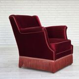 1960s, Danish armchair, cherry-red furniture velour, ash wood, original.