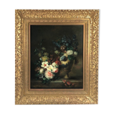 Tom Crowell, Royaume uni XXe, huile sur panneau « bouquet de fleurs sur entablement »
