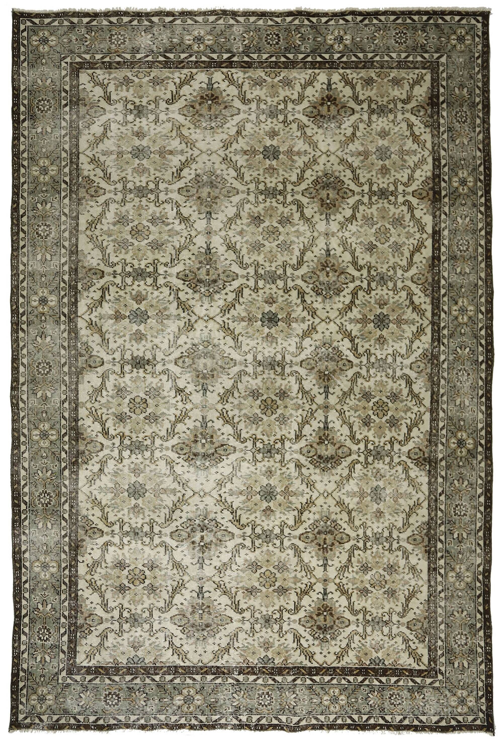 Large Vintage Turkish Carpet Beige Floral 320 x 210 cm