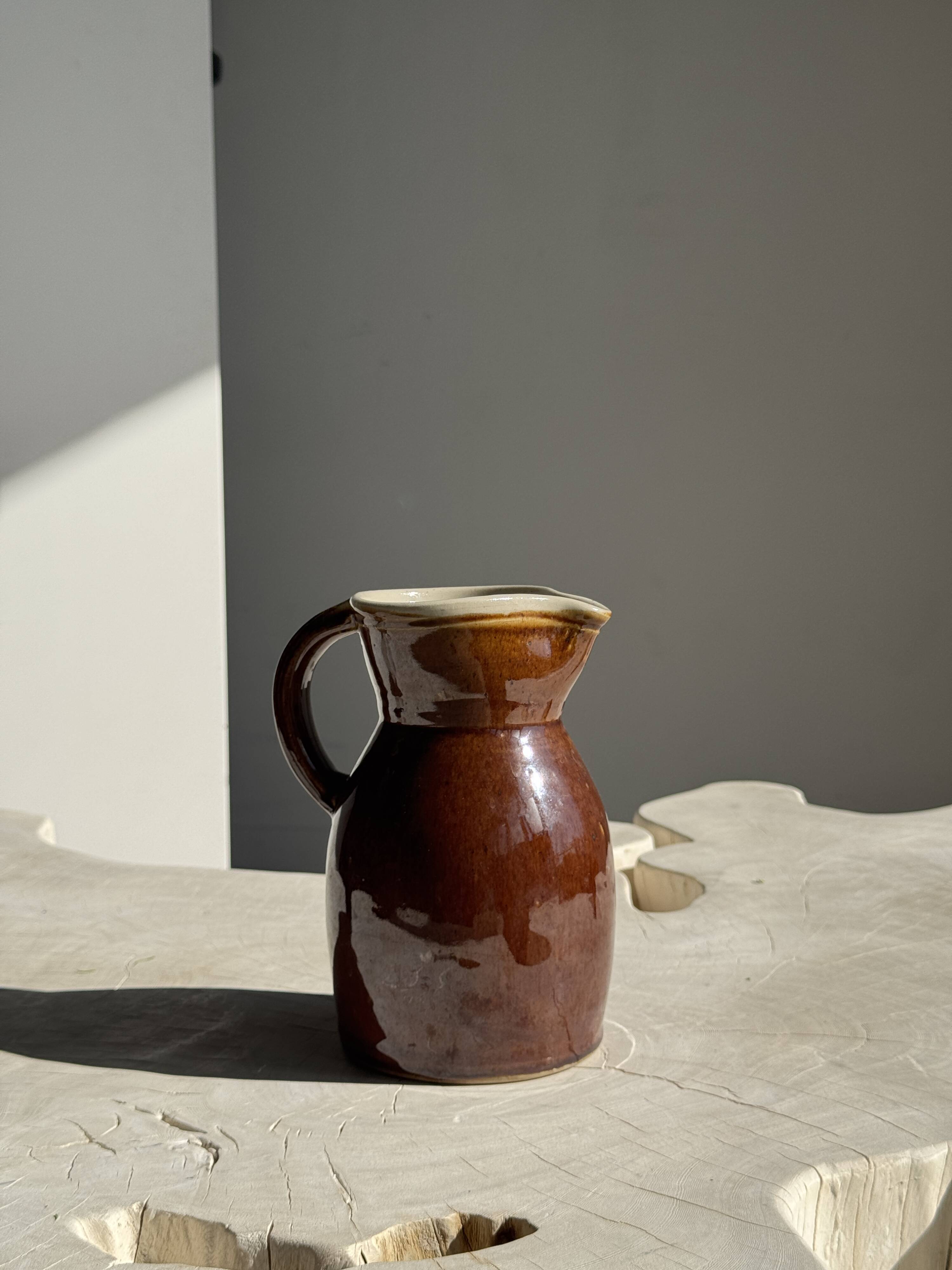 Large brown glazed stoneware jug Grès du Berry Made in France H19
