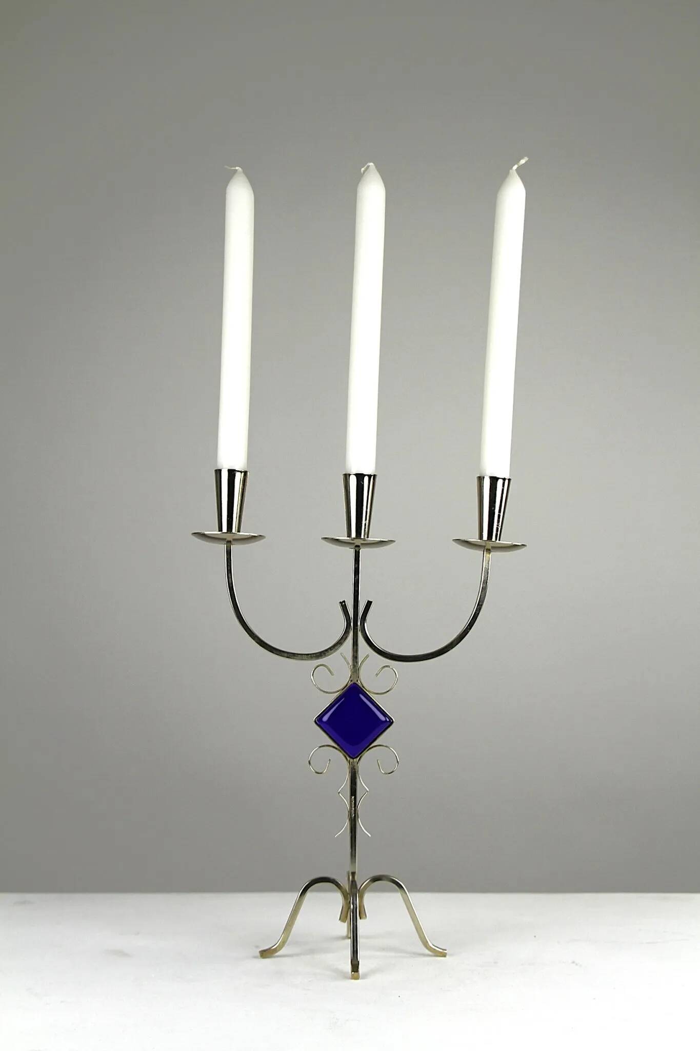 White Brass & Cobalt Blue Art Glass Candelabra by Gunnar Ander for Ystad-Metall — Sweden, 1960s