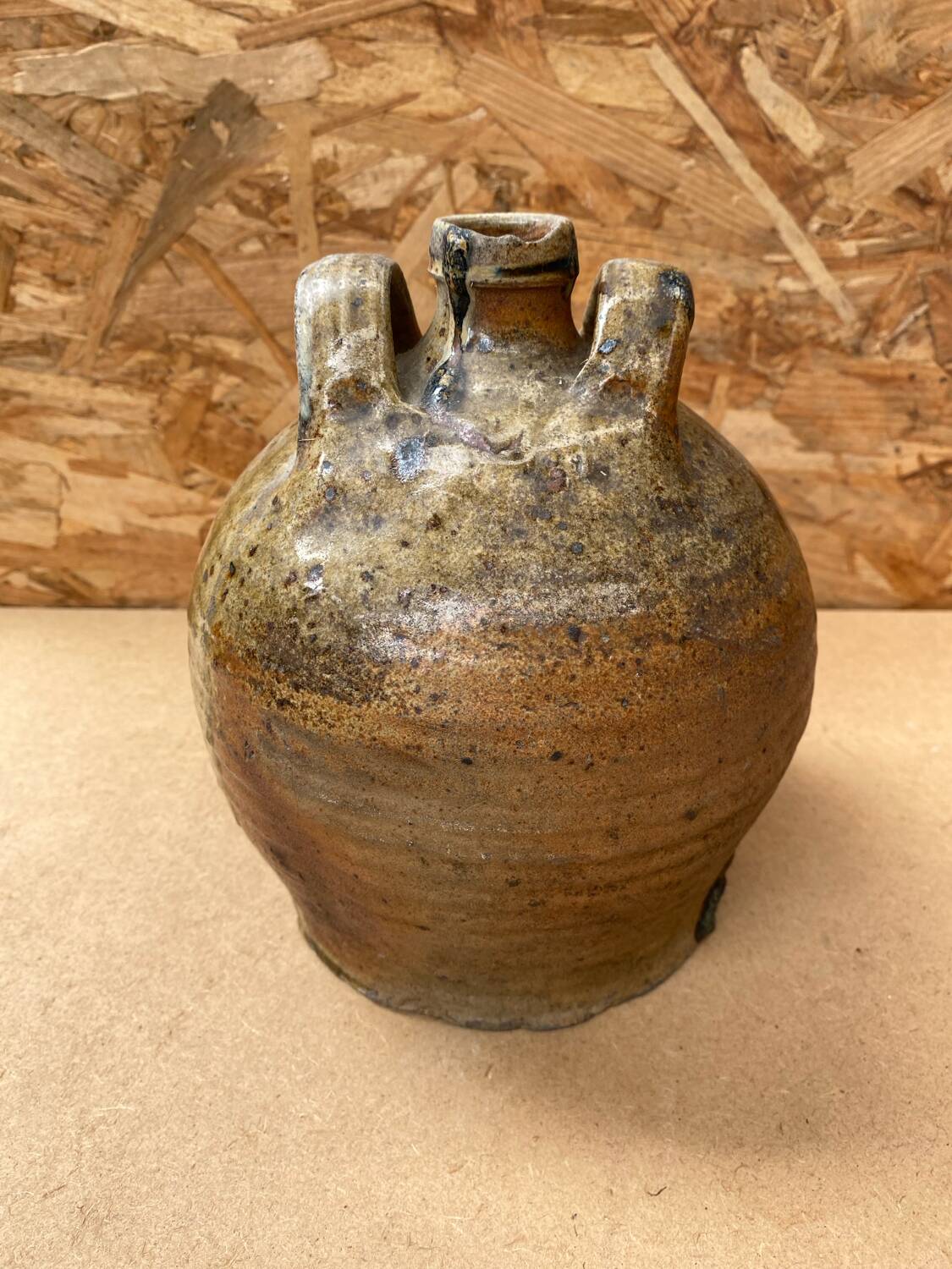 Antique oil jug jar double handle glazed stoneware grey vintage