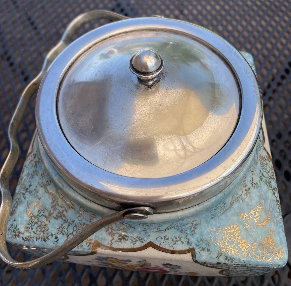 ENGLISH PORCELAIN BISCUIT BARREL ALICE BLUE AT TEA TIME DELICACIES