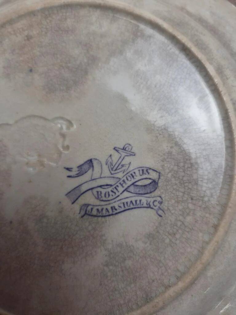 Set of 8 antique English dessert plates by J. Marshall & Co Bosphorus purple earthenware 19th century.