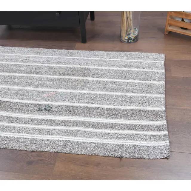 Vintage Turkish Hand-Knotted Wool Cotton Gray Kilim Runner Rug 95x196