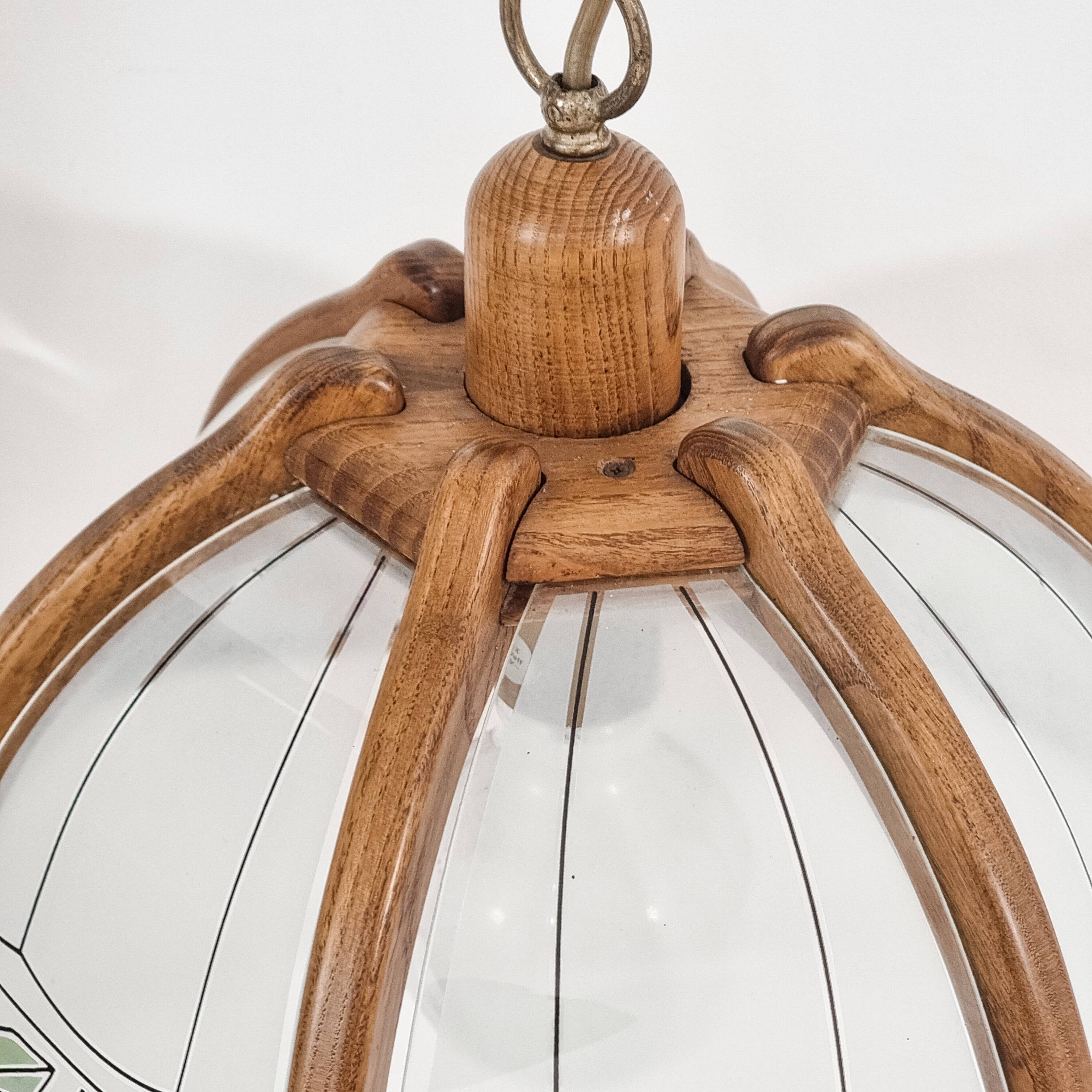 Art Nouveau style chandelier in wood and glass from the 1970s