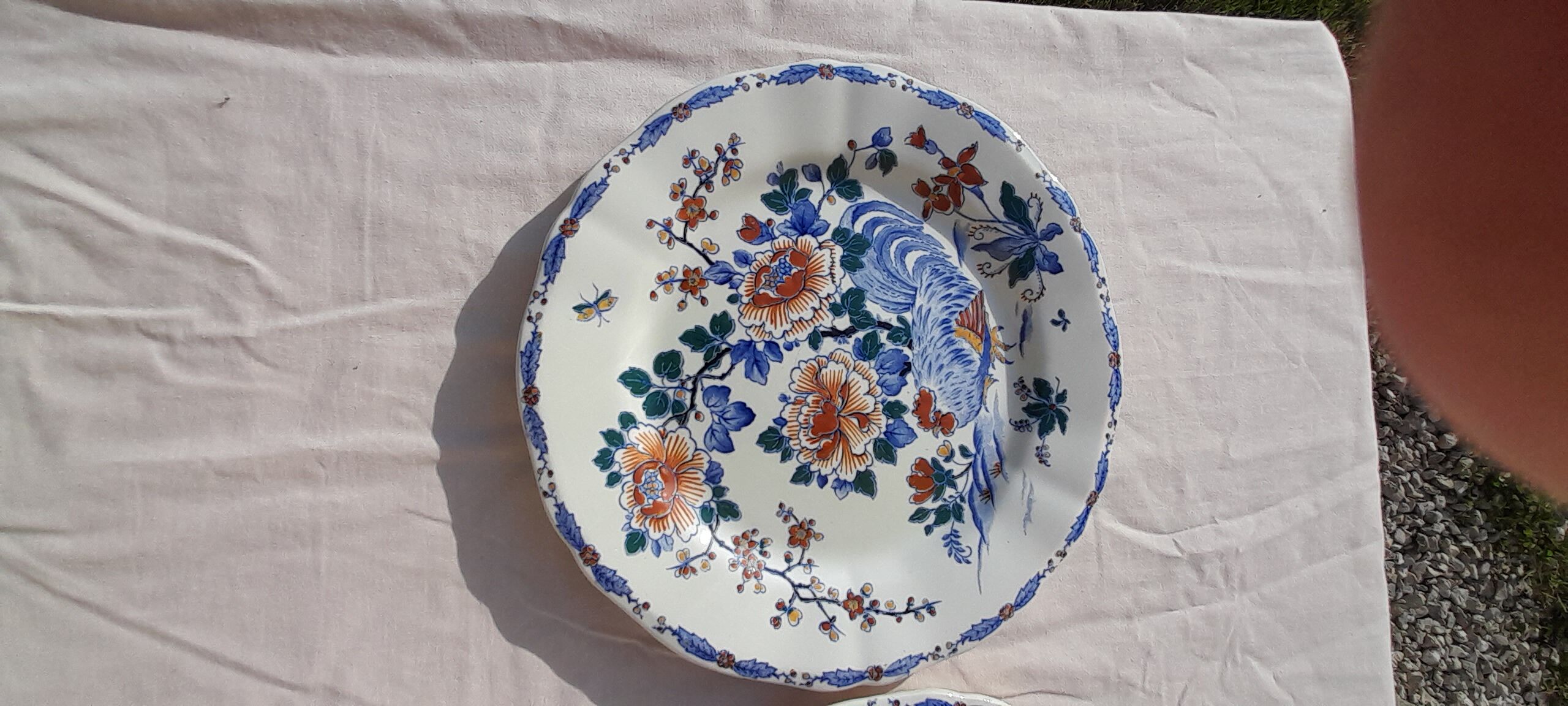 2 flat plates in Gien earthenware model rooster and peonies year 1940
