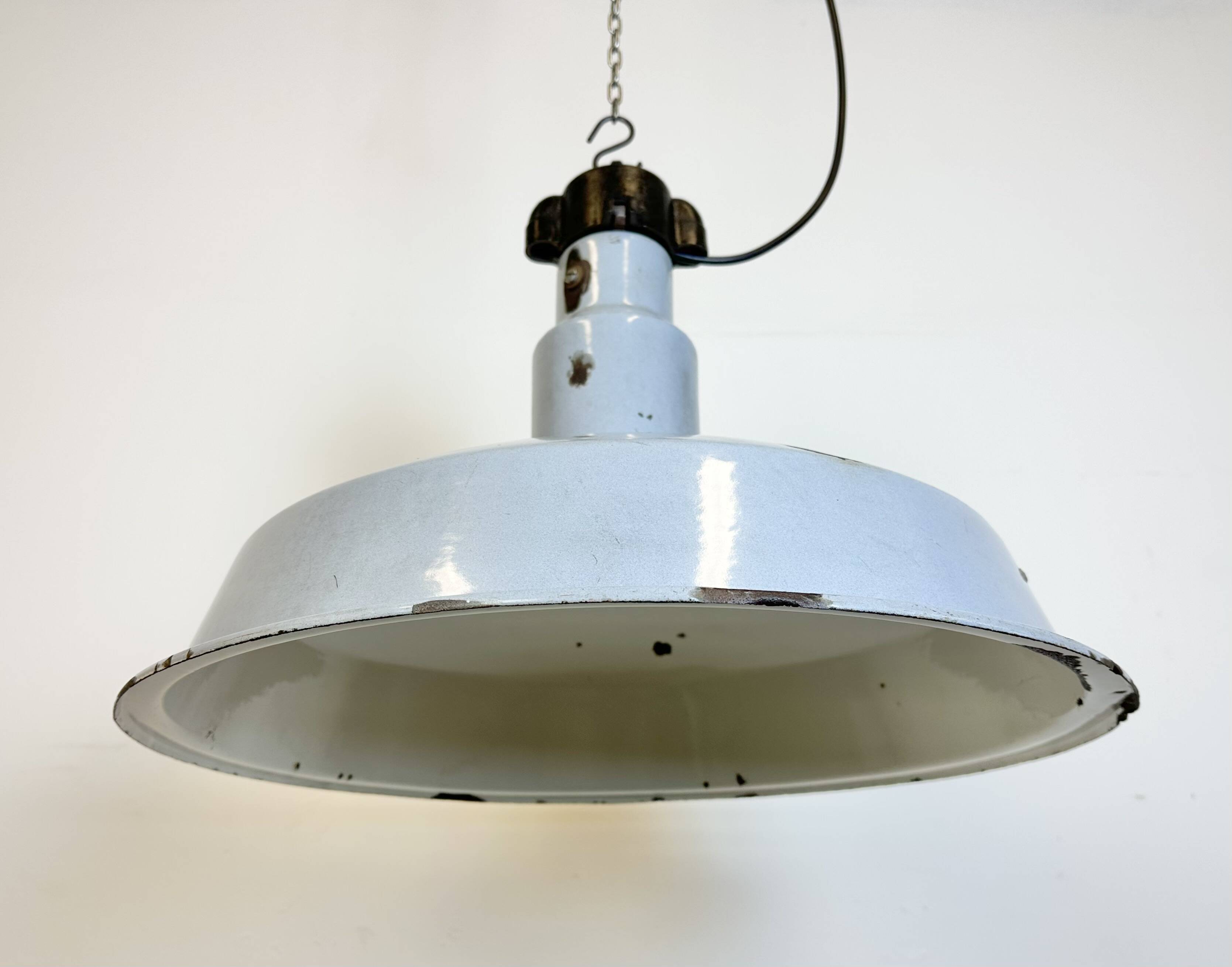 Large Industrial Midcentury Grey Enamel Factory Lamp, 1950s