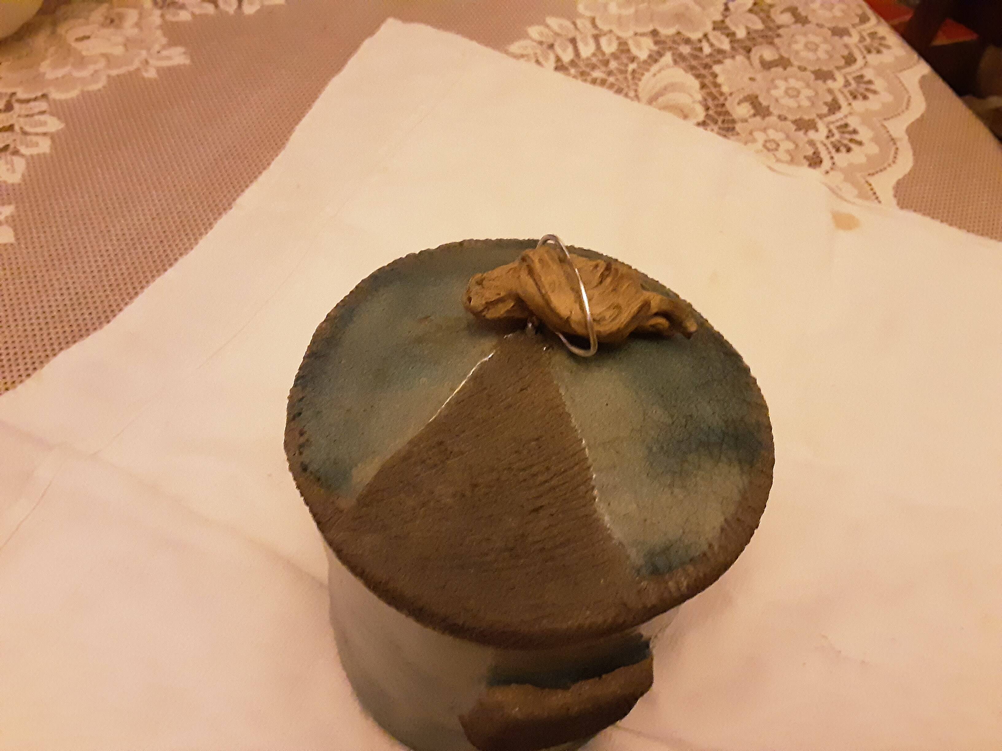 Glazed terracotta pot, gloss and matte, black felt lined on the base