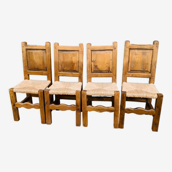 Set of 4 wooden and straw chairs