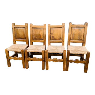 Set of 4 wooden and straw chairs