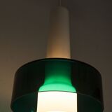 Suspension vintage en 2 élements opaline blanche et verre transparent vert