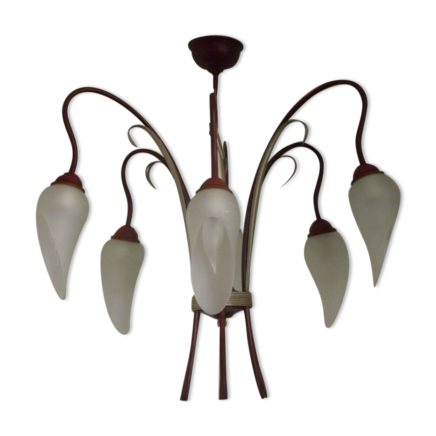 French vintage 6 arm brown & silver toleware chandelier opaque glass shades 3861