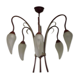 French vintage 6 arm brown & silver toleware chandelier opaque glass shades 3861