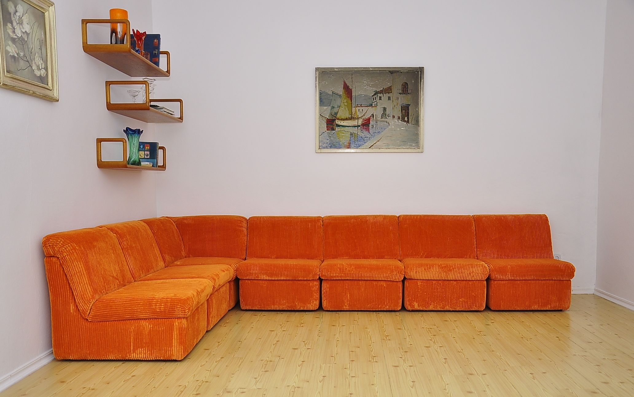 Mid-century orange corduroy modular sofa, 1970s