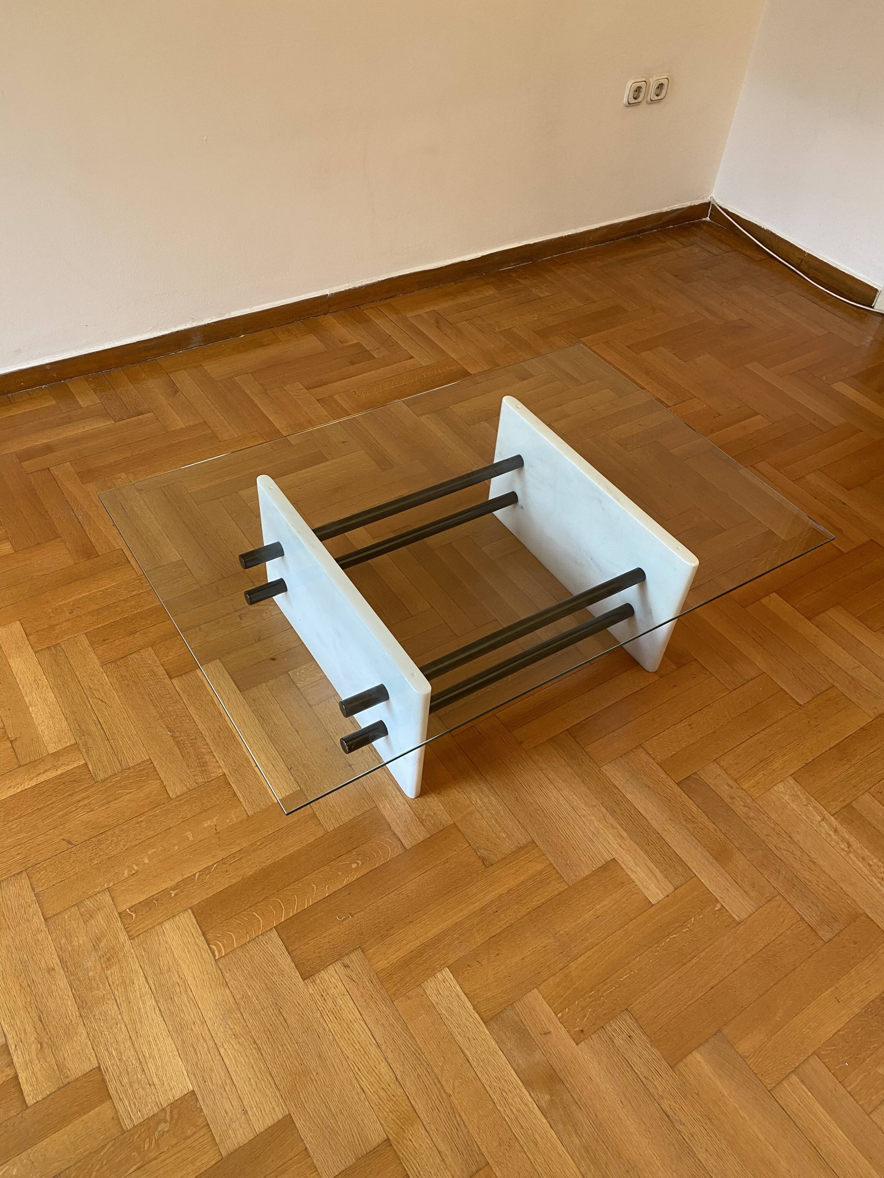 1980s White Marble Rectangular Coffee Table Postmodern Glass