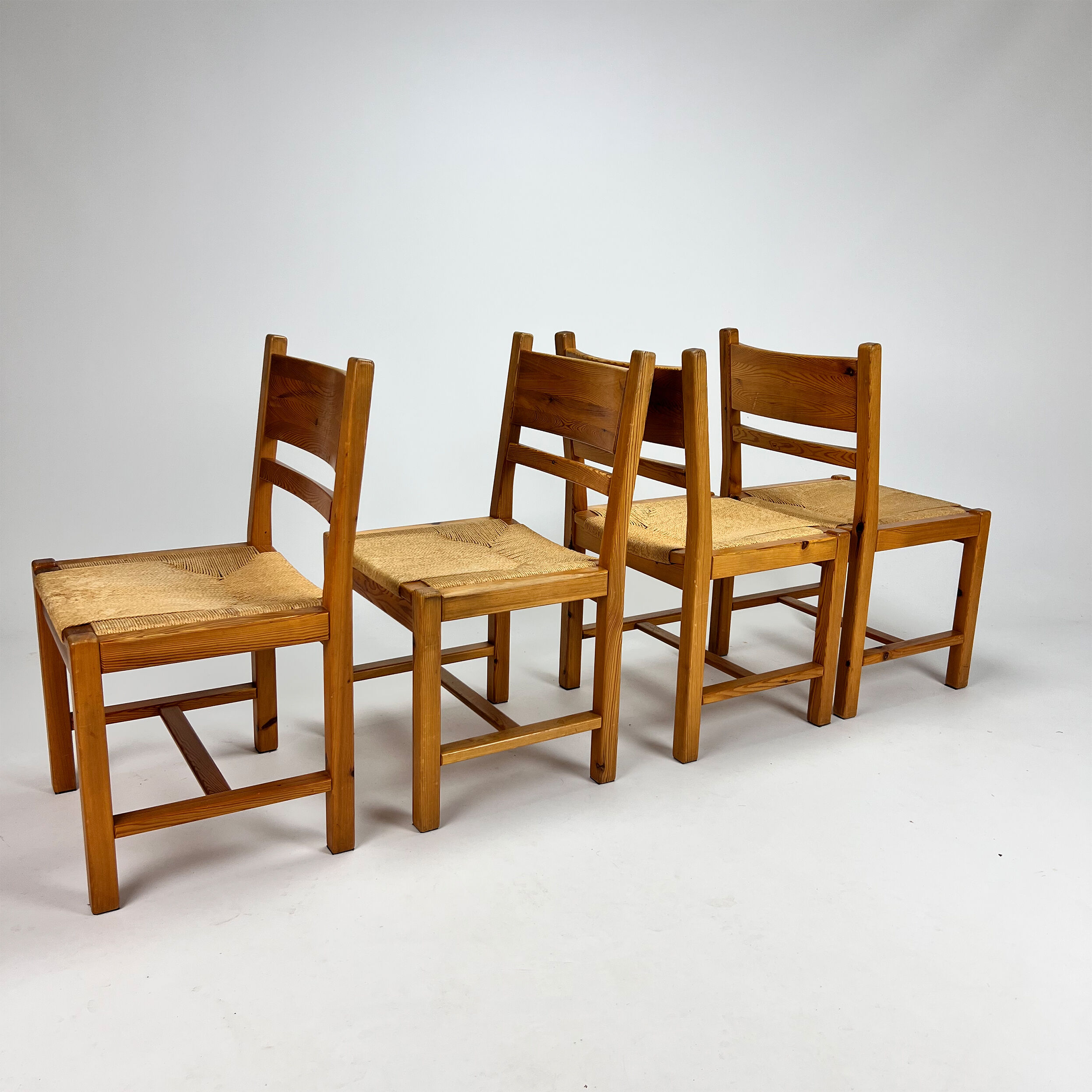 Set of 4 mid century scandinavian pine and papercord dining chairs, 1960s