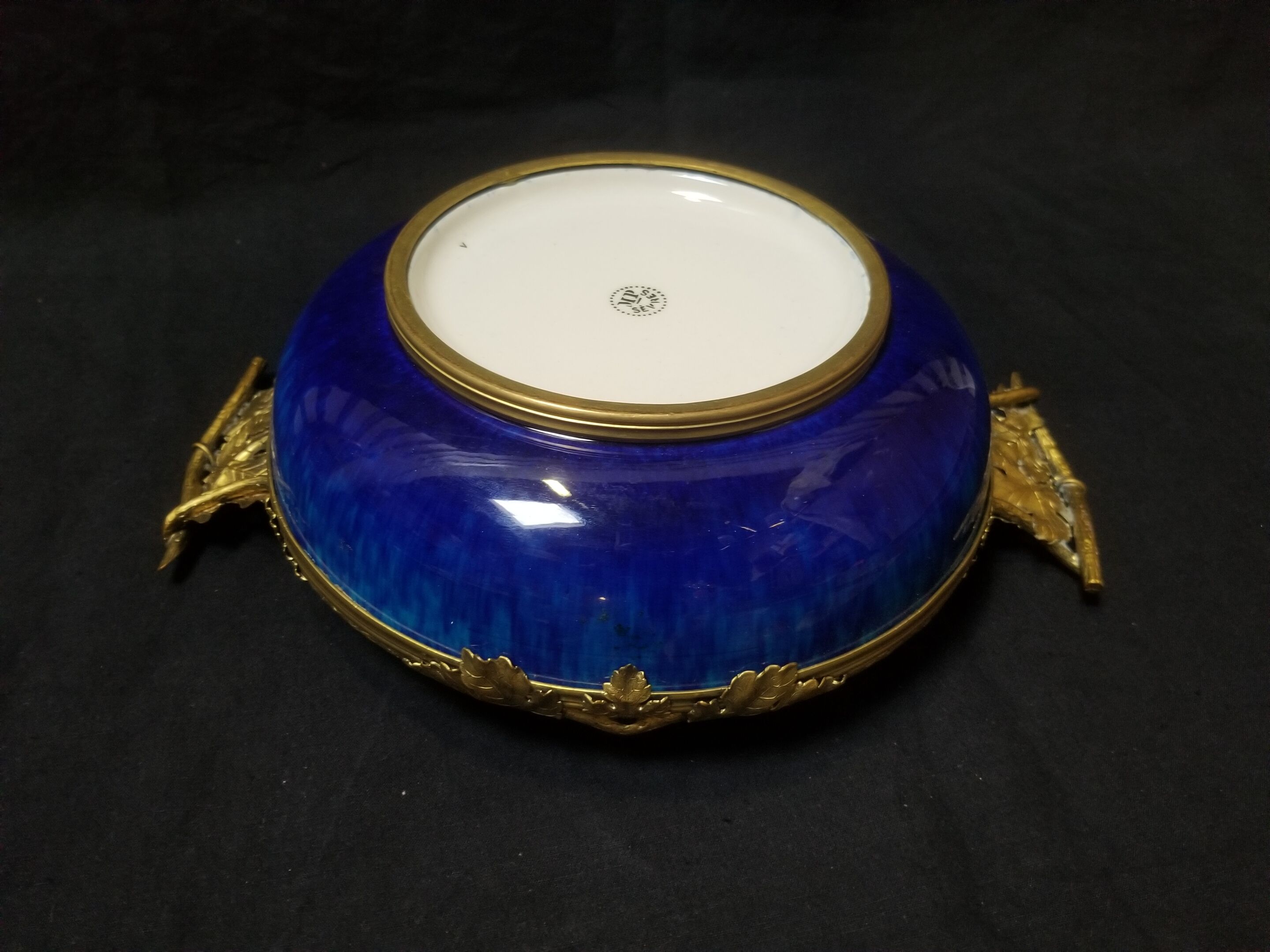 Cobalt blue fruit cup in Sèvres Porcelain and Bronze signed Paul Milet