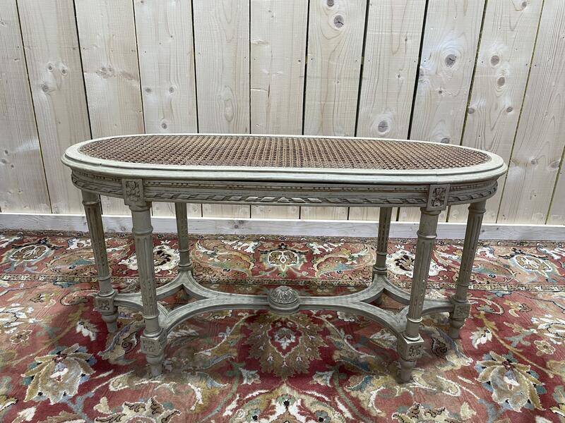Banquette de piano Louis XVI en cannage et bois rechampi