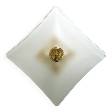 Lampe de plafond en verre satiné et laiton, années 1970