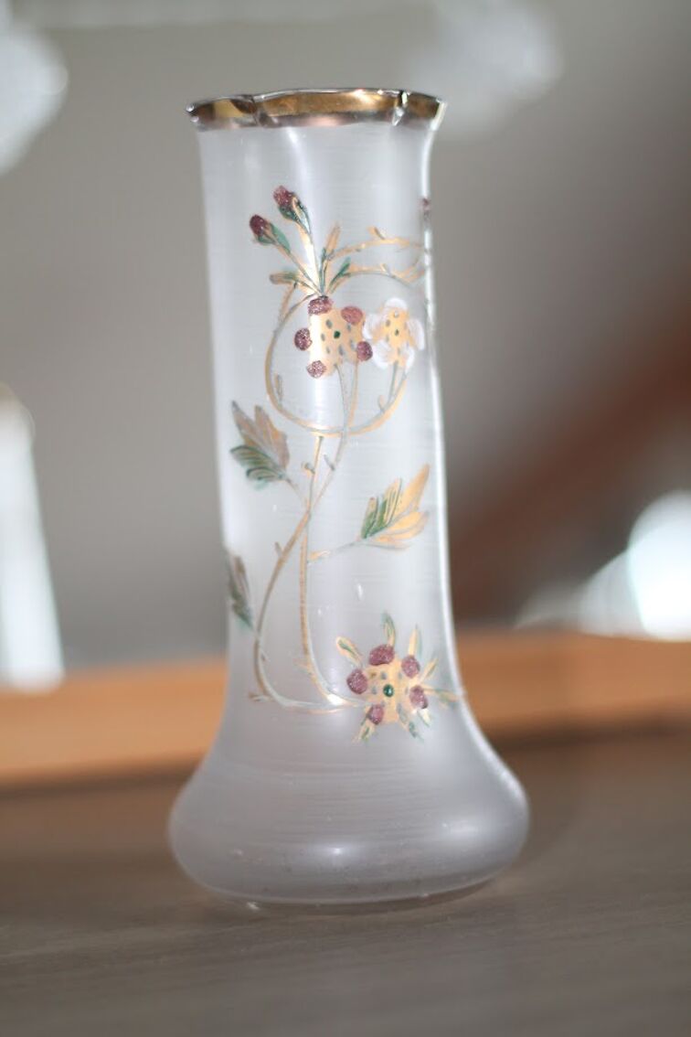 Vase en verre style shabby chic fleuri, peinture sur verre, objet